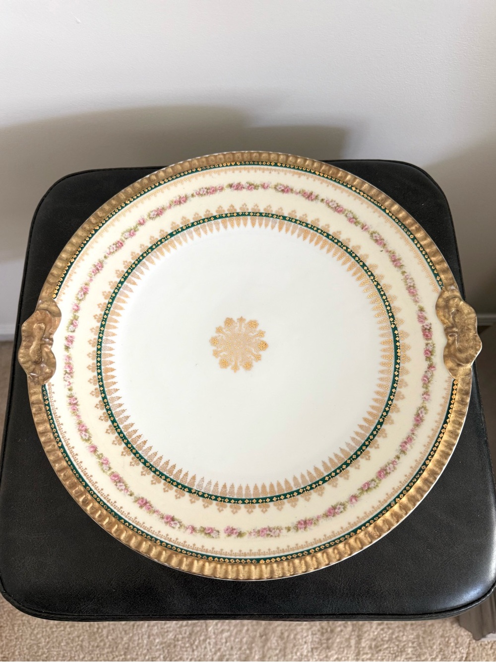 Vintage Porcelain Serving Platter with Gold Trim and Green & Pink Detailing
